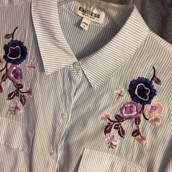 Express The City Striped Floral Embroidered Button Down Shirt - Picture 6 of 16